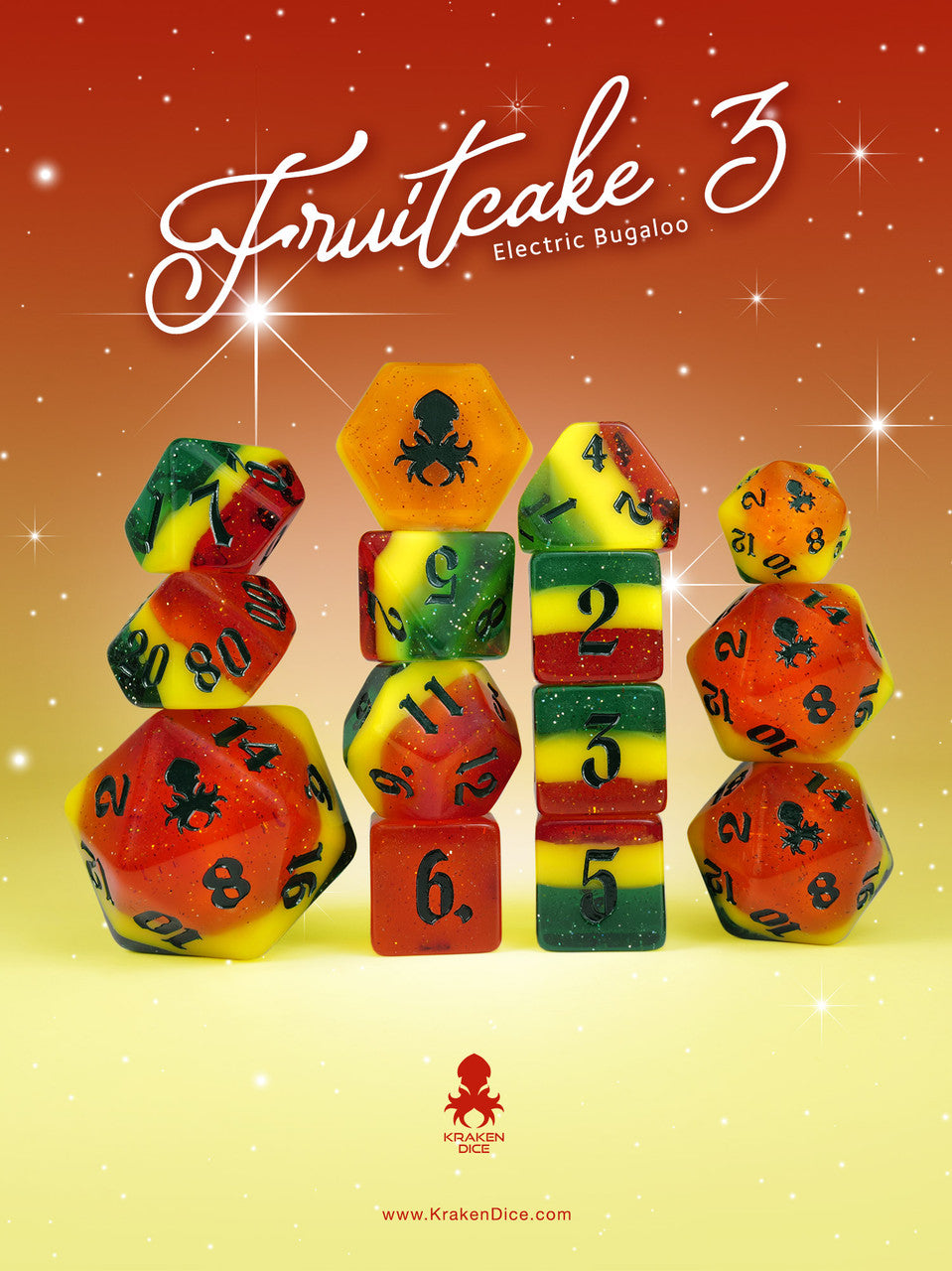 Fruitcake 3: Electric Bugaloo 14pc Dice Set with Green Ink